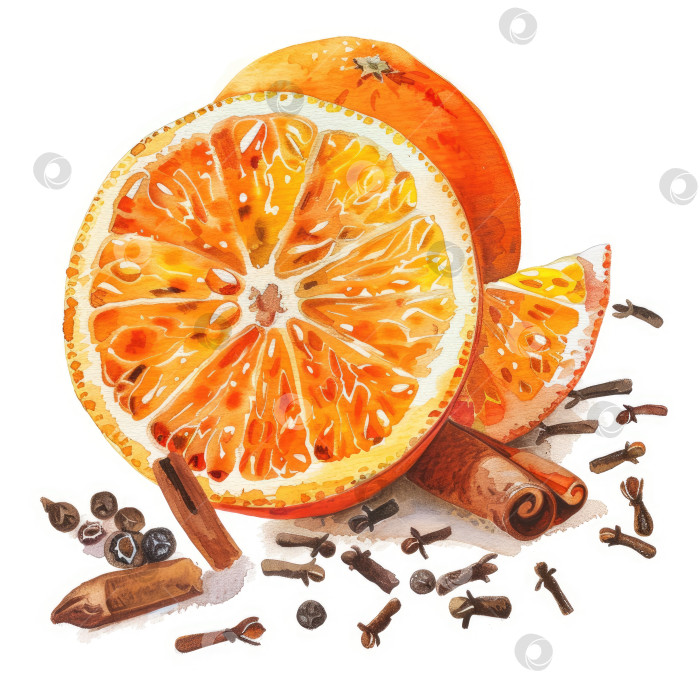 Скачать Акварельная иллюстрация ломтиков апельсина с палочками корицы и гвоздики на белом фоне фотосток Ozero