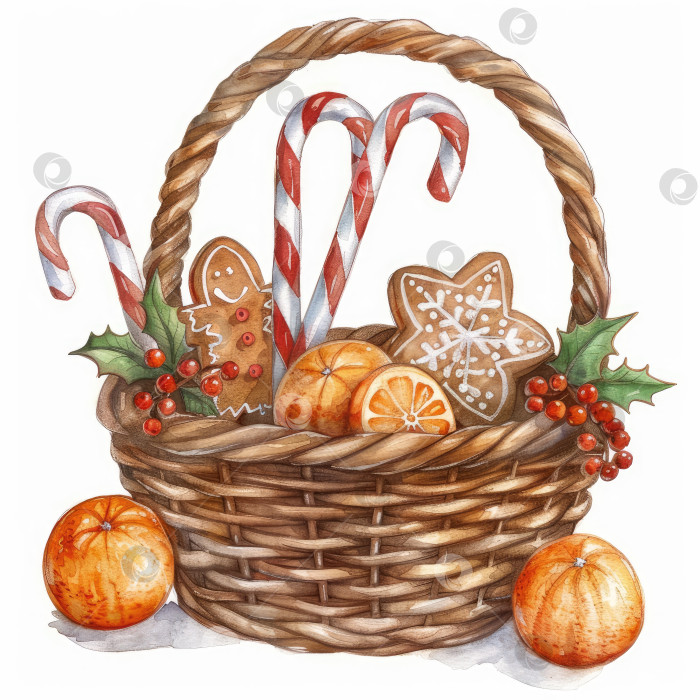 Скачать Праздничная корзина с пряниками, леденцами и апельсинами для праздничных торжеств фотосток Ozero