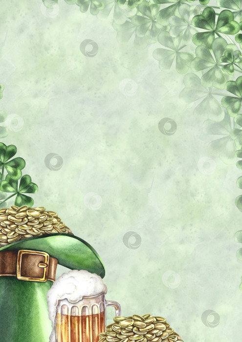 Скачать Рамка в честь Дня Святого Патрика. Ручная акварельная иллюстрация. На зеленом фоне. Горшочек с золотыми монетами, шляпа лепрекона, пивная кружка и клевер. Для пригласительных и поздравительных открыток и многого другого. фотосток Ozero