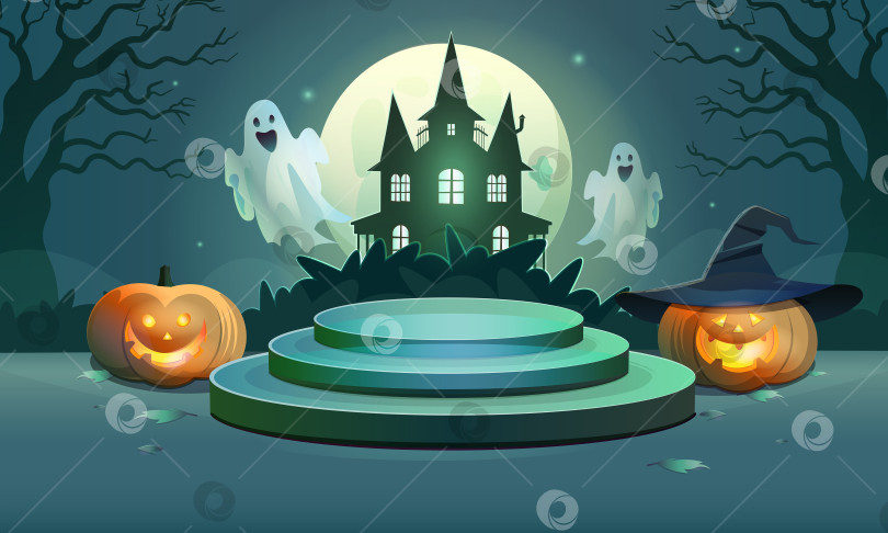 Скачать Зеленый подиум на Хэллоуин с домом с привидениями. фотосток Ozero