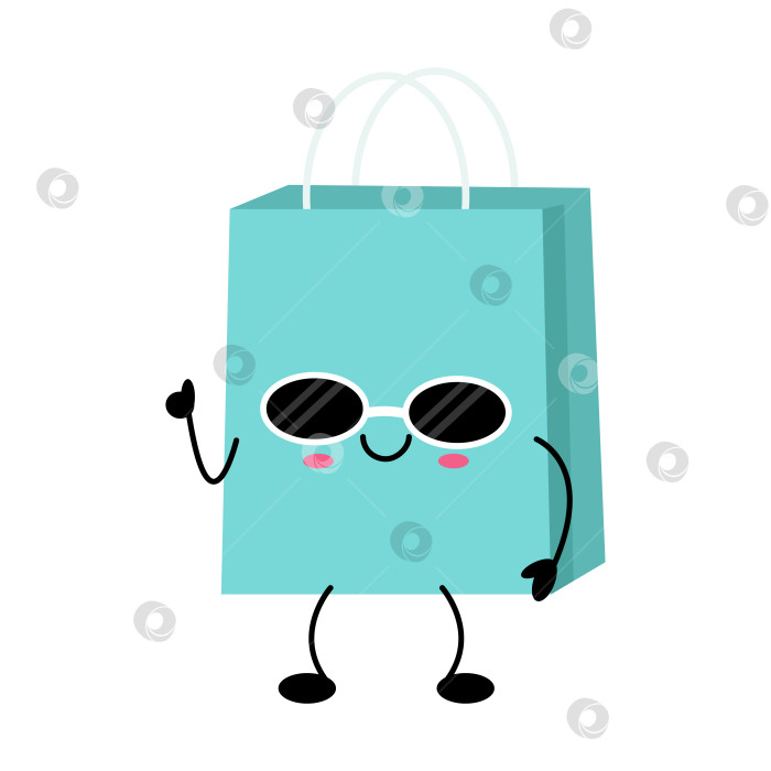 Скачать Персонаж кавайной сумки для покупок в солнцезащитных очках, с веселым выражением лица и игривыми элементами дизайна фотосток Ozero