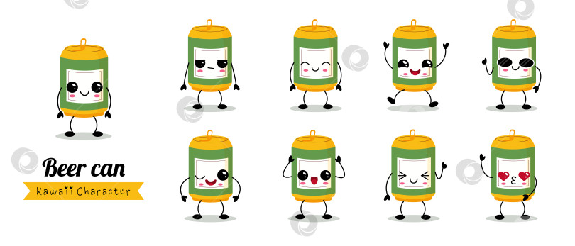 Скачать Кавайный набор символов для пивных банок с игривыми выражениями и яркими цветами для творческих проектов фотосток Ozero