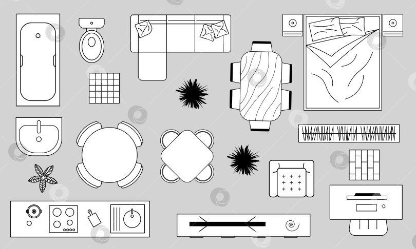Скачать Набор мебельных набросков с различными планировками помещений и дизайнерскими элементами для планирования интерьера фотосток Ozero