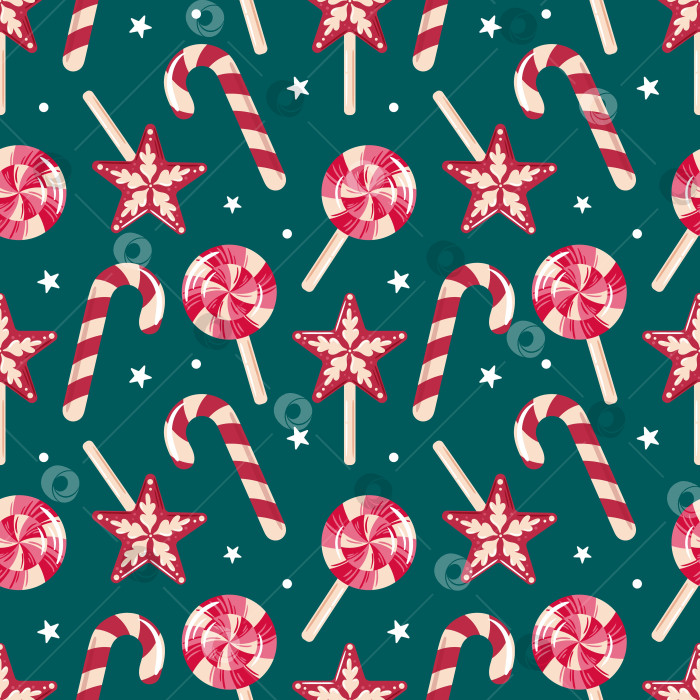 Скачать Бесшовный узор с изображением праздничных рождественских леденцов и звездочек. Восхитительный дизайн, идеально подходящий для праздничных проектов, оберточной бумаги или сезонных украшений, передает дух праздника. фотосток Ozero