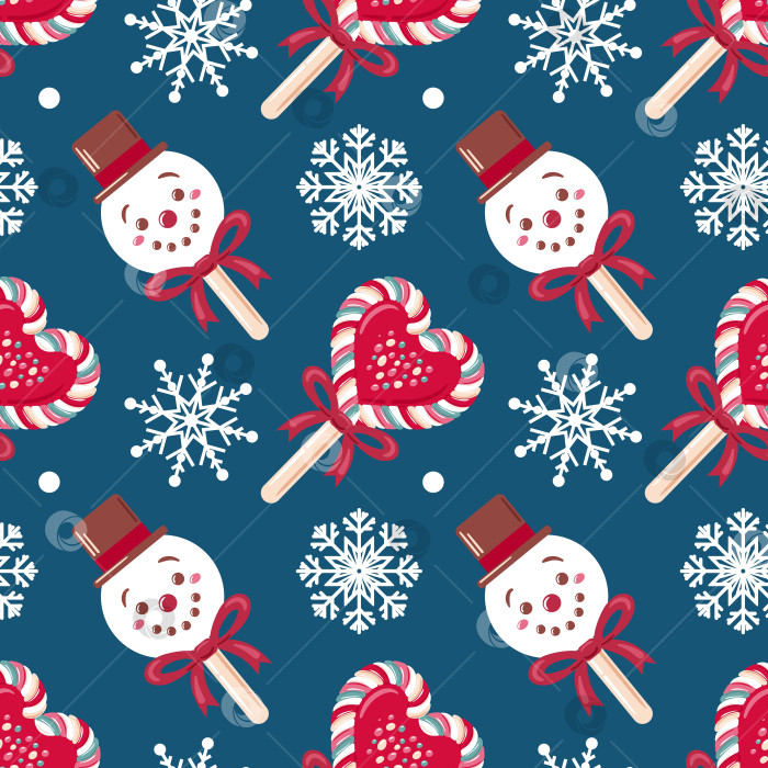 Скачать Бесшовный узор с изображением веселых снеговиков, леденцовых тросточек, сердечек и снежинок. Причудливый дизайн, передающий радость Рождества, идеально подходит для праздничных поделок, украшений и праздничных изделий. фотосток Ozero