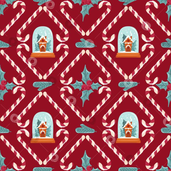 Скачать Бесшовный узор из дамасской ткани с изображением снежного шара, уютного домика, листьев остролиста и леденцовых тросточек. Этот элегантный и праздничный дизайн добавляет нотку праздничного шарма и идеально подходит для сезонного украшения фотосток Ozero
