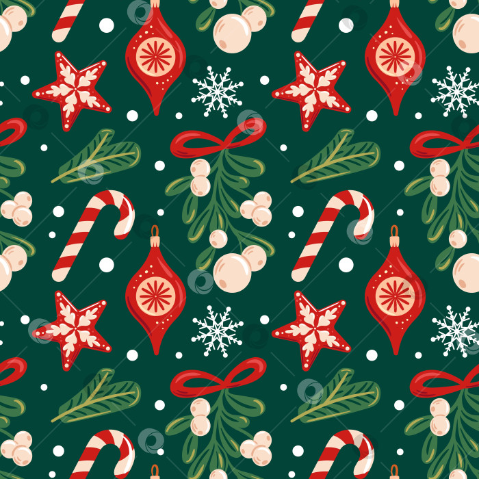 Скачать Бесшовный узор с изображением омелы, леденцовых тросточек, рождественских украшений и снежинок. Этот праздничный дизайн передает дух праздника и идеально подходит для оформления зимней тематики фотосток Ozero
