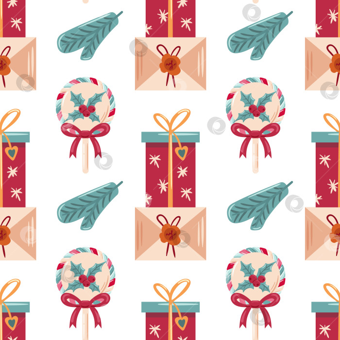 Скачать Яркий, красочный рождественский леденец на палочке, украшенный остролистом и веселой бабочкой, излучает праздничное очарование и глянцевые блики. Художественная иллюстрация праздничного подарка. Бесшовный узор. фотосток Ozero