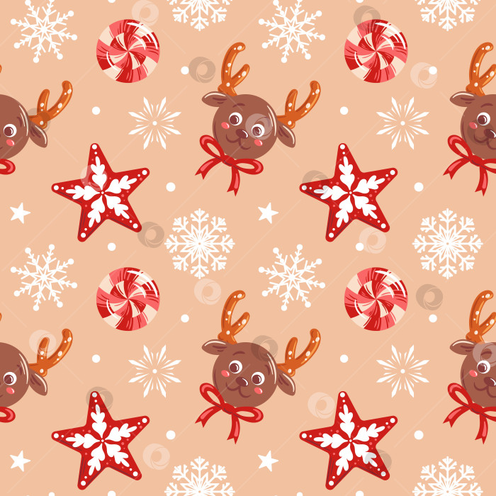 Скачать Праздничная шоколадная конфета в форме мордочки северного оленя с рогами-крендельками, окруженная снежинками и леденцами на палочке. Этот бесшовный узор - очаровательный и игривый вариант праздничного оформления. фотосток Ozero