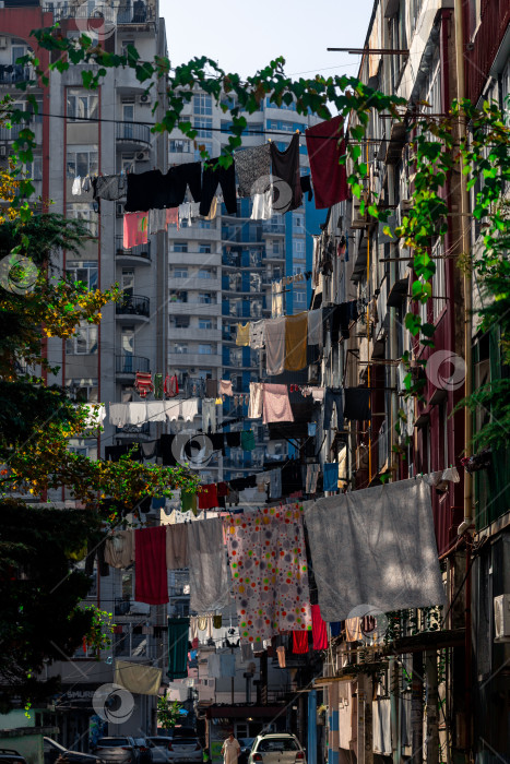 Скачать Батуми, Грузия - ноябрь 2023 года: Нижнее белье сушится на веревках, развешанных между многоквартирными домами фотосток Ozero