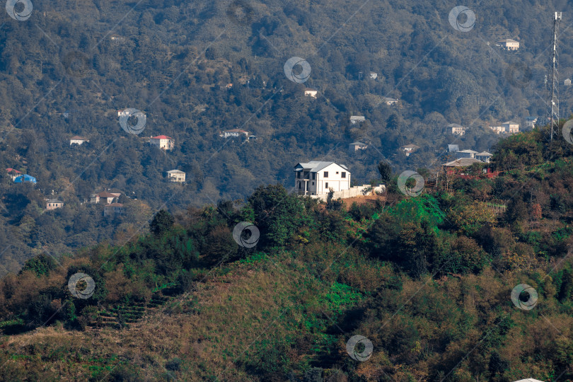 Скачать Сельская местность в Батуми. Сельские дома расположены на склонах гор. Одноэтажные, двухэтажные и трехэтажные дома окружены высокими зелеными деревьями. фотосток Ozero