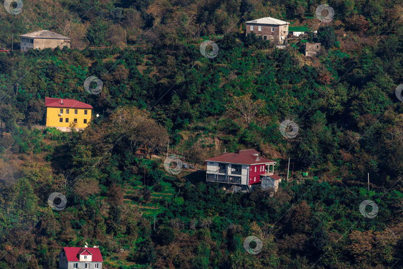 Скачать Сельская местность в Батуми. Сельские дома расположены на склонах гор. Одноэтажные, двухэтажные и трехэтажные дома окружены высокими зелеными деревьями. фотосток Ozero