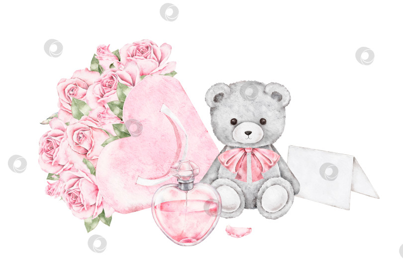 Скачать Акварельная иллюстрация с плюшевым мишкой, флаконом духов в виде сердца и букетом розовых роз. Нежный пастельный дизайн для открыток на День Святого Валентина, романтических постеров, приглашений или элегантной упаковки. фотосток Ozero