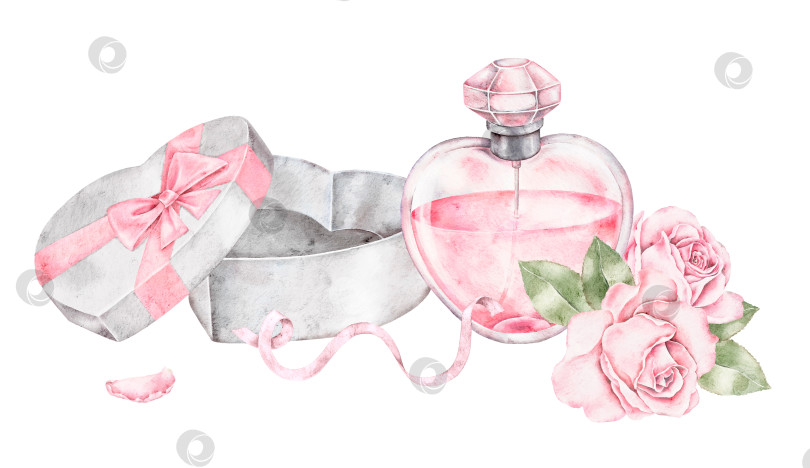 Скачать Романтичное акварельное изображение с розовым флаконом духов, розами и подарочной коробкой, перевязанной лентой. Элегантный и утонченный дизайн идеально подходит для открыток на день Святого Валентина, приглашений, плакатов или дизайна упаковки. фотосток Ozero