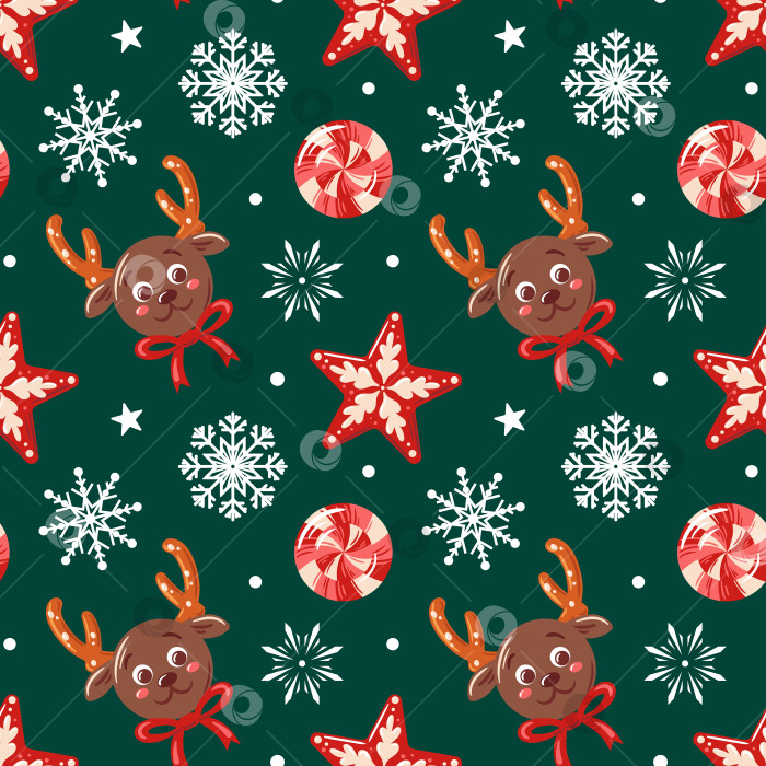 Скачать Шоколадная конфета в форме праздничной мордочки северного оленя с рогами-крендельками, снежинками и леденцами на палочке. Этот бесшовный узор - милый и причудливый вариант праздничного оформления. фотосток Ozero