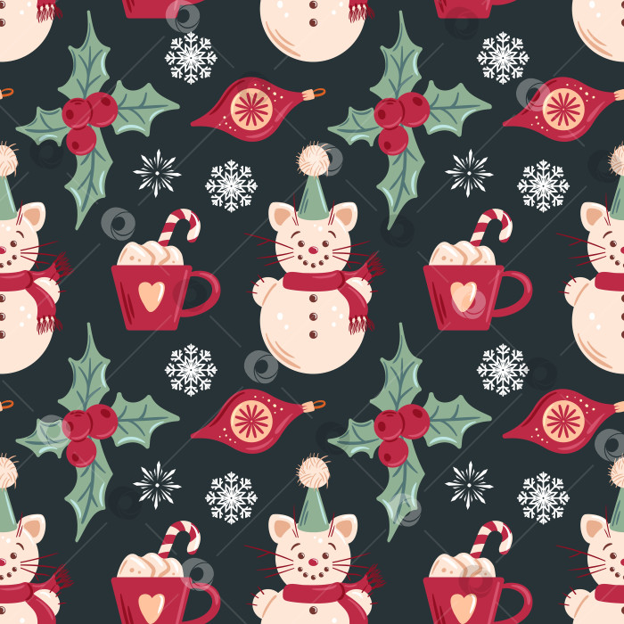 Скачать Бесшовный узор с изображением кота-снеговика, листьев остролиста, горячего шоколада и леденцовых тросточек. Этот причудливый дизайн привносит игривый праздничный шарм и идеально подходит для праздничного оформления и сезонных товаров. фотосток Ozero