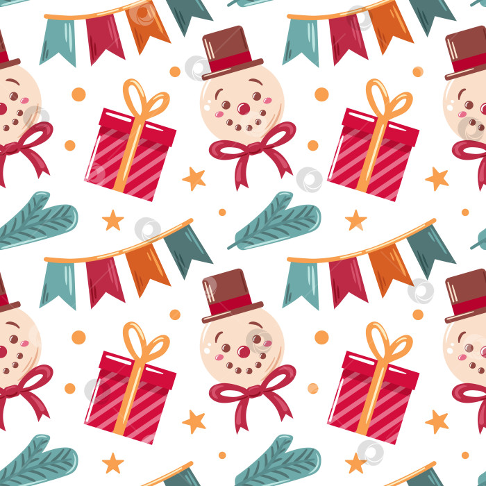 Скачать Бесшовный узор со снеговиком, флажками, рождественской елкой и подарочными коробками. Этот праздничный дизайн излучает праздничную радость, что делает его идеальным для рождественских украшений и сезонных товаров. фотосток Ozero