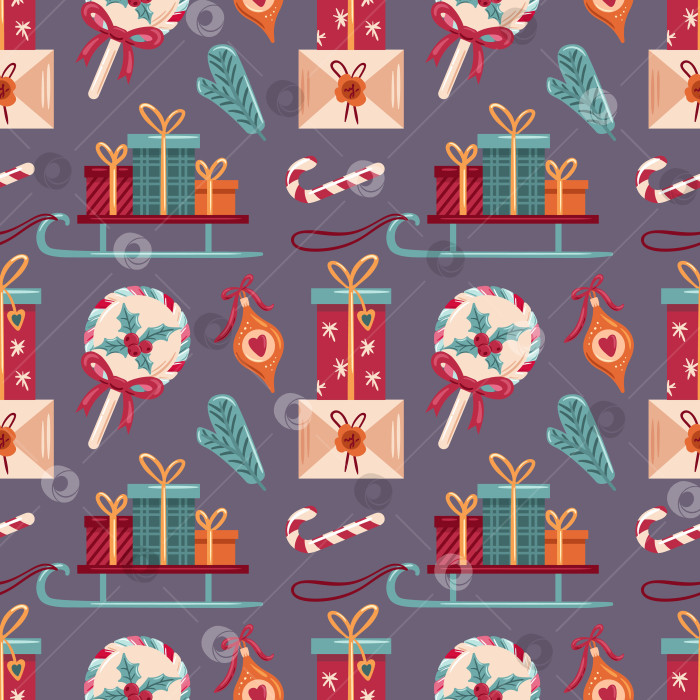 Скачать Бесшовный узор с изображением праздничных саней, подарочных коробок, рождественских украшений и леденцовых тросточек. Этот яркий дизайн отражает суть праздничных мероприятий и идеально подходит для сезонного оформления фотосток Ozero