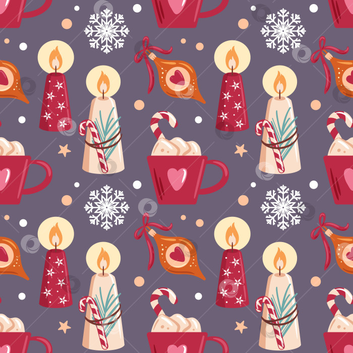 Скачать Бесшовный узор с изображением рождественских свечей, елочных украшений, снежинок и горячего шоколада, украшенного леденцами. Этот восхитительный дизайн воплощает тепло и радость праздничного сезона фотосток Ozero