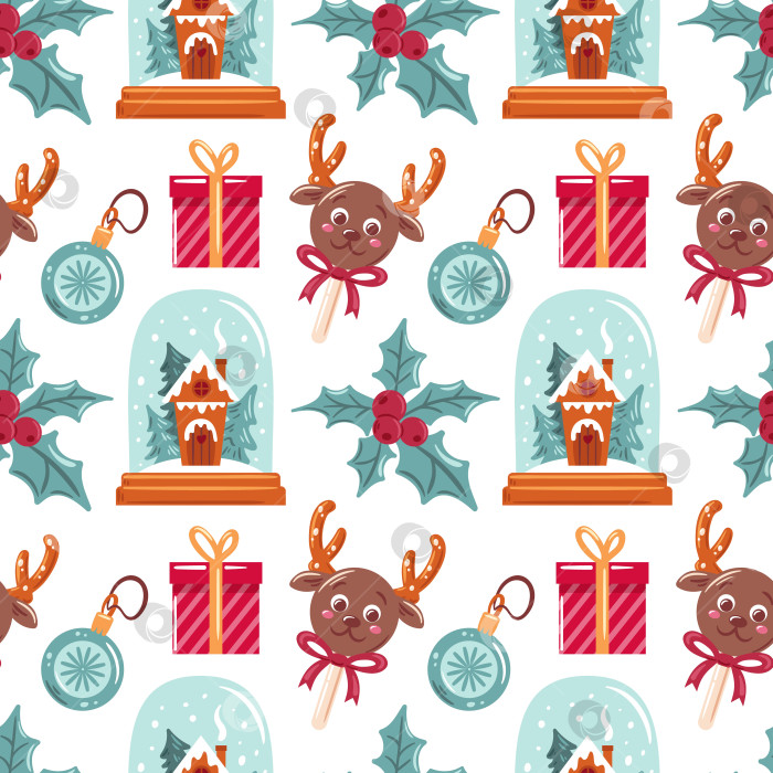 Скачать праздничные шоколадные конфеты в форме мордочки северного оленя с рогами-крендельками, окруженные снежинками и елочными украшениями. бесшовный узор - очаровательный и игривый вариант праздничного оформления. фотосток Ozero