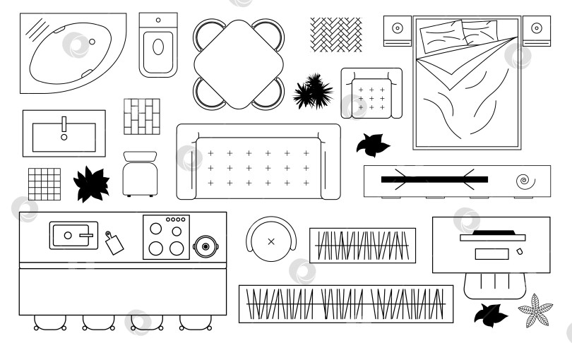 Скачать Набор мебели в минималистском стиле с различными элементами домашнего декора и планировкой фотосток Ozero