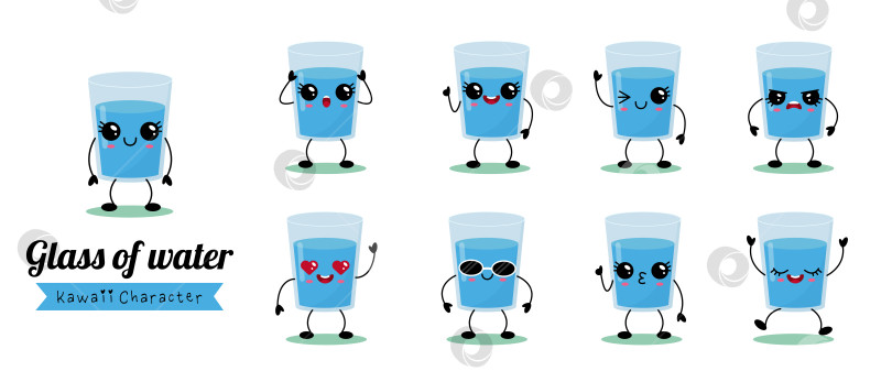 Скачать Кавайный набор персонажей с очаровательным стаканом воды, веселыми выражениями лица и игривыми позами. фотосток Ozero