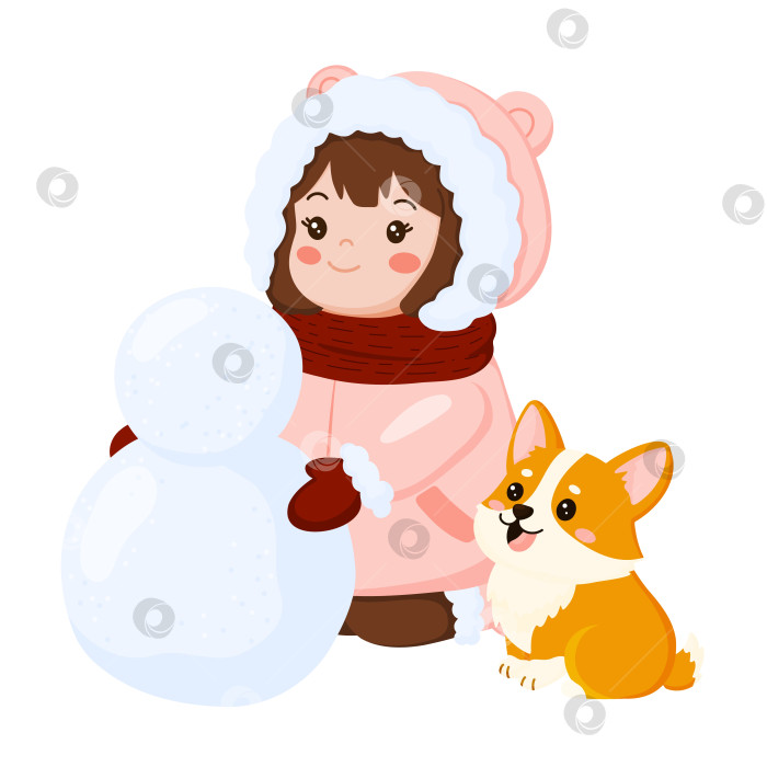 Скачать Маленькая девочка лепит снеговика с Корги фотосток Ozero