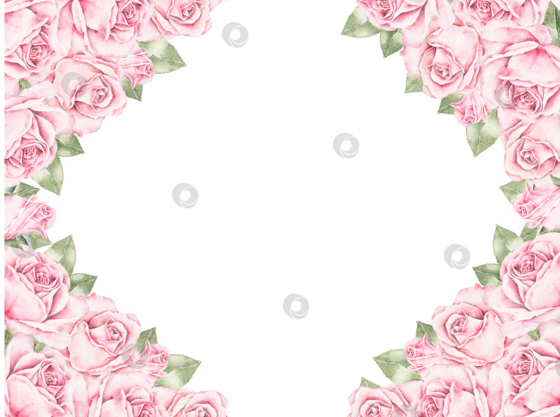 Скачать Горизонтальная акварельная цветочная рамка с розовыми розами и зелеными листьями, расположенными в двух углах. Элегантная романтическая композиция для открыток, приглашений, постеров и свадебных канцелярских принадлежностей на День Святого Валентина. фотосток Ozero