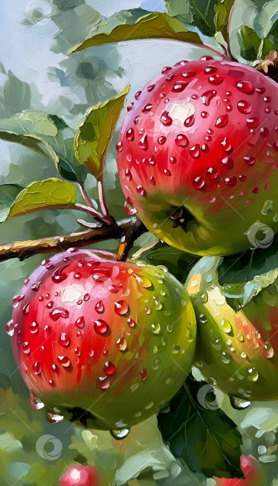 Скачать Ветка с яблоками в каплях воды. Зелено-красные плоды под дождем. Масляная живопись, арт. фотосток Ozero