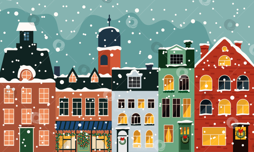 Скачать Зимняя праздничная городская улица со снегом и огнями фотосток Ozero