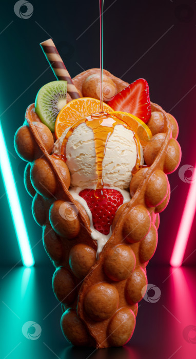 Скачать Гонконгская вафля bubble с мороженым и фруктами, политая медом. Сладкая закуска или десерт для концепции уличного меню. Быстрое питание. фотосток Ozero