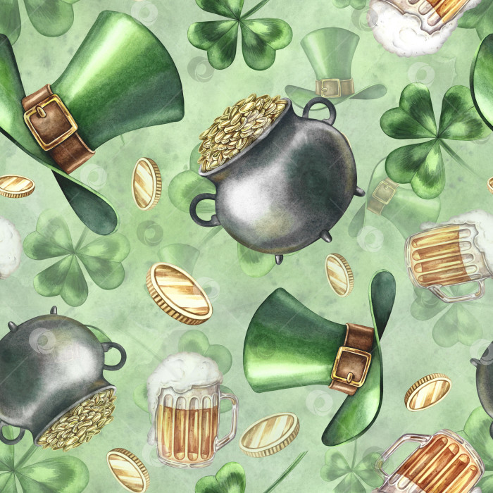Скачать Бесшовный узор ко Дню Святого Патрика. Ручная акварельная иллюстрация. Шляпы лепрекона, монеты в котле, пиво и клевер. На зеленом акварельном фоне. Для праздничного декора и многого другого. фотосток Ozero