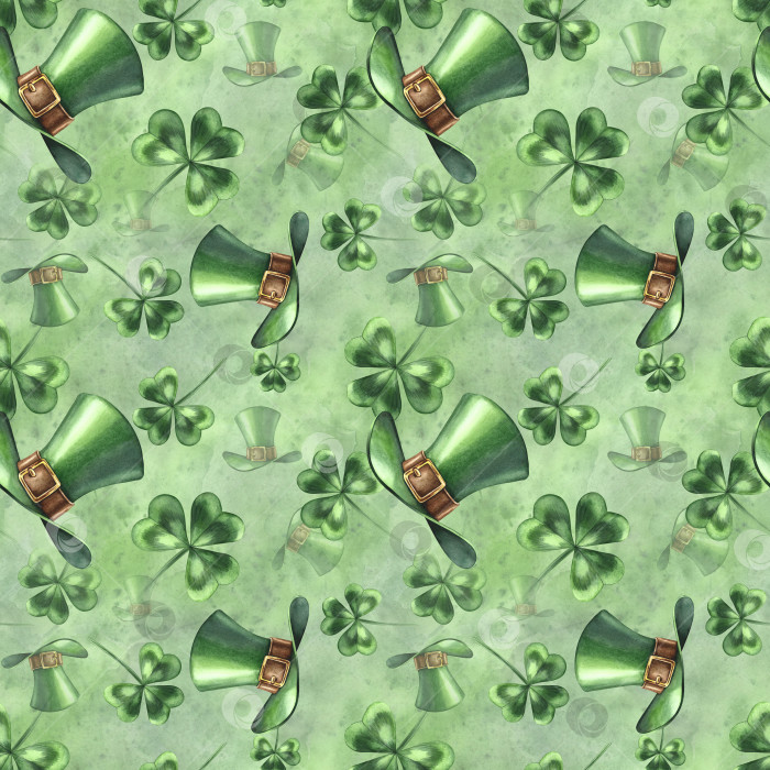 Скачать Бесшовный узор со шляпами лепреконов и клевером на зеленом акварельном фоне. Акварельная иллюстрация, выполненная от руки. Ко Дню Святого Патрика. Для текстиля, оберточной бумаги, упаковки, праздничного декора. фотосток Ozero