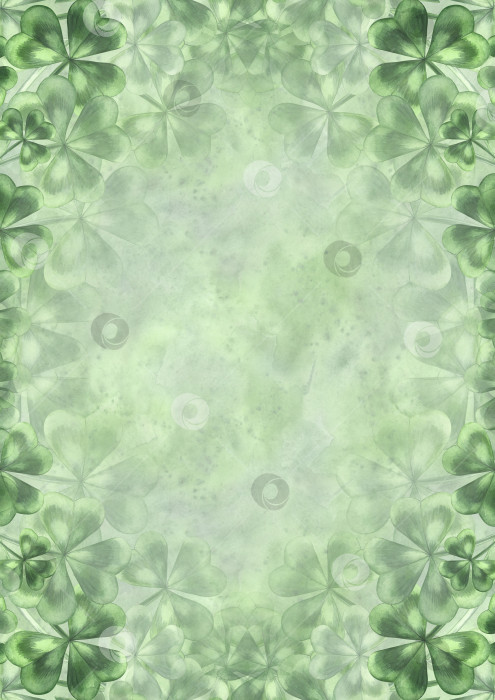 Скачать Рамка из трилистника клевера. Акварельная иллюстрация, выполненная от руки. Ко Дню Святого Патрика. На зеленом текстурированном акварельном фоне. Для поздравительных открыток, баннеров и флаеров, упаковки, приглашений и многого другого. фотосток Ozero