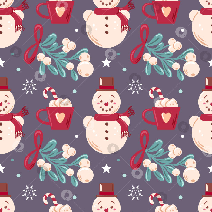 Скачать бесшовный узор украшен веселыми снеговиками, омелой, кружками с горячим шоколадом и нежными снежинками. Он идеально подходит для дизайна на зимнюю тематику, создает атмосферу уюта и праздника и передает радость сезона. фотосток Ozero