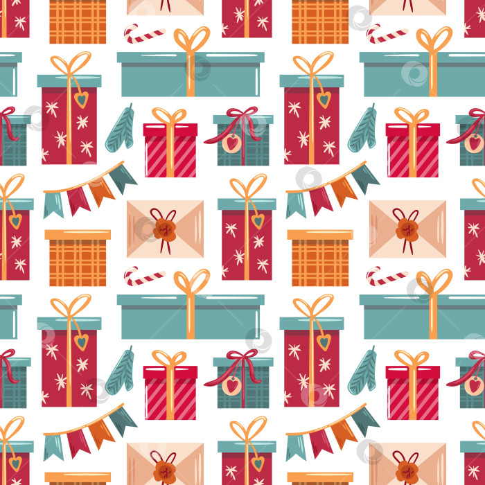 Скачать Этот бесшовный узор украшает подарочные коробки, разноцветные флажки и рождественские елки. Он идеально подходит для праздничного оформления, создает атмосферу праздника и добавляет жизнерадостности любому проекту. фотосток Ozero