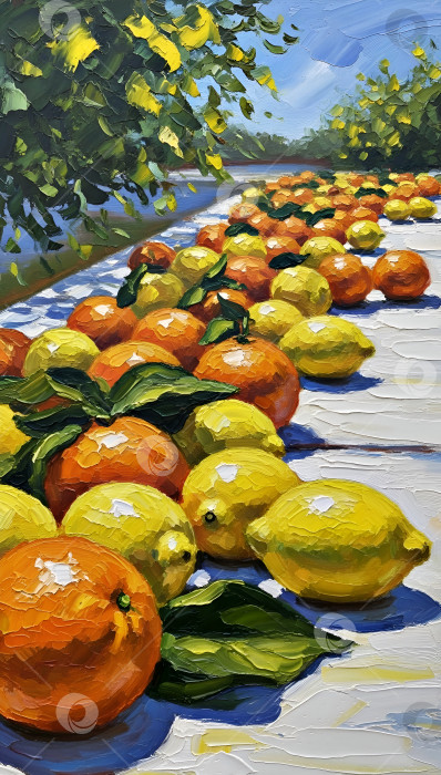 Скачать Россыпь ярких цитрусов. Апельсины и лимоны. Масляная живопись, арт. фотосток Ozero