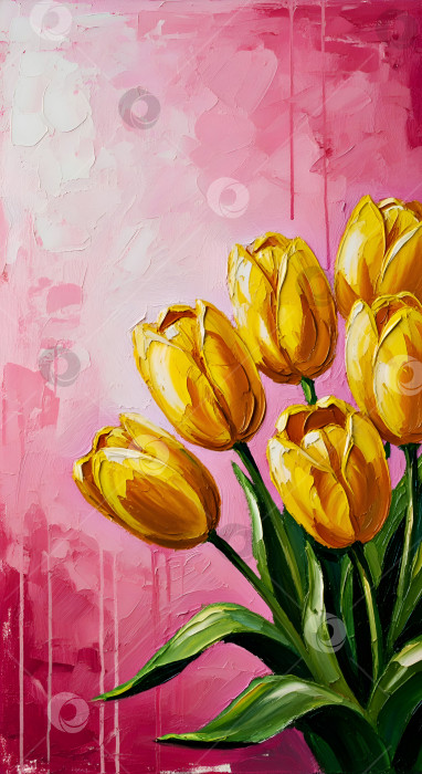 Скачать Букет желтых тюльпанов на розовом гранжевом фоне. Масляная живопись, арт. фотосток Ozero