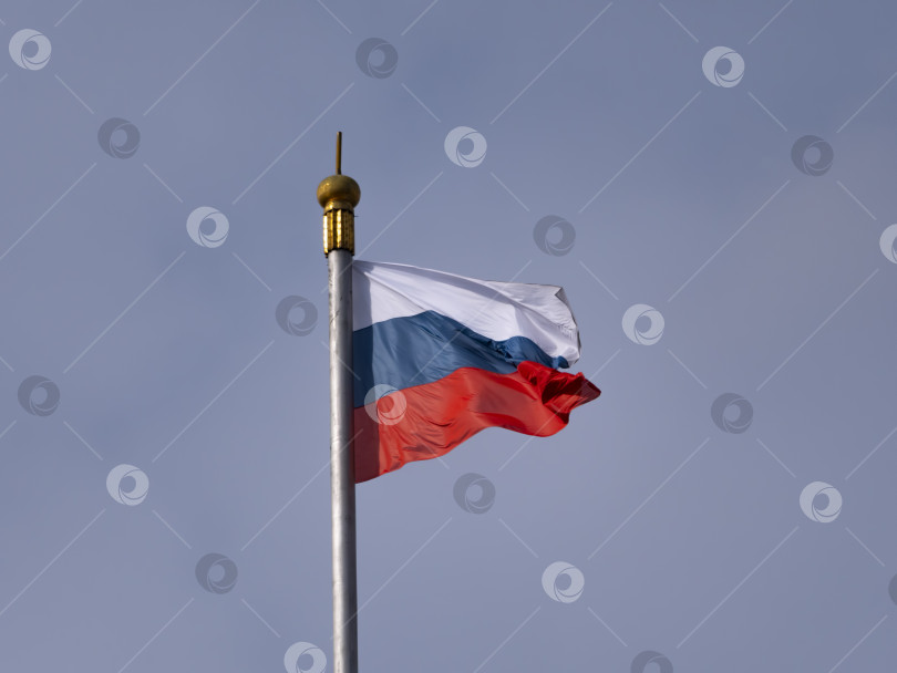 Скачать Российский флаг развевается на ветру на флагштоке фотосток Ozero