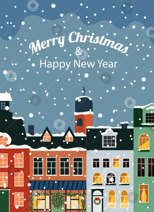 Скачать Уютная рождественская открытка с рождественскими зимними домиками и городским пейзажем фотосток Ozero