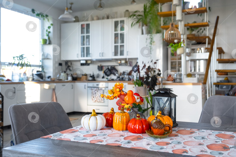 Скачать Декор белой классической кухни с тыквами, гирляндами, осенним букетом из желтых листьев к Хэллоуину и сбору урожая. Осеннее настроение в домашнем интерьере, современный стиль лофт. недвижимость, страхование, ипотека фотосток Ozero