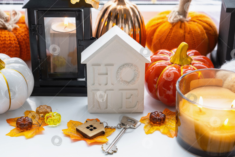Скачать Уютный макет на деревянном фоне из реек с тыквами, осенними листьями, крошечным домиком и ключами - осеннее настроение, Хэллоуин, жилье, переезд, ипотека, страховка. фотосток Ozero