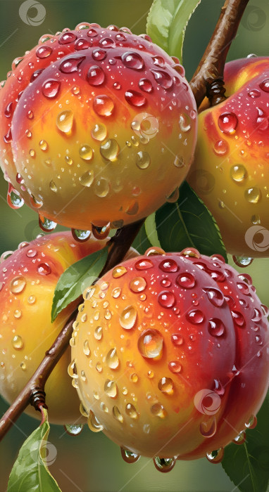 Скачать Спелые персики в каплях воды. Масляная живопись, арт. Крупный план. фотосток Ozero