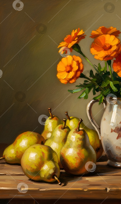 Скачать Натюрморт с грушами и оранжевыми цветами в вазе. Масляная живопись, арт. фотосток Ozero