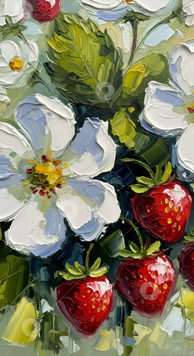 Скачать Ягоды красной клубники и белые цветы. Маслная живопись, арт. фотосток Ozero