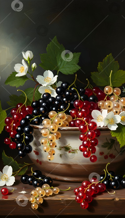 Скачать Натюрморт с гроздьями красной, белой и черной смородины в чашке. Масляная живопись, арт. фотосток Ozero
