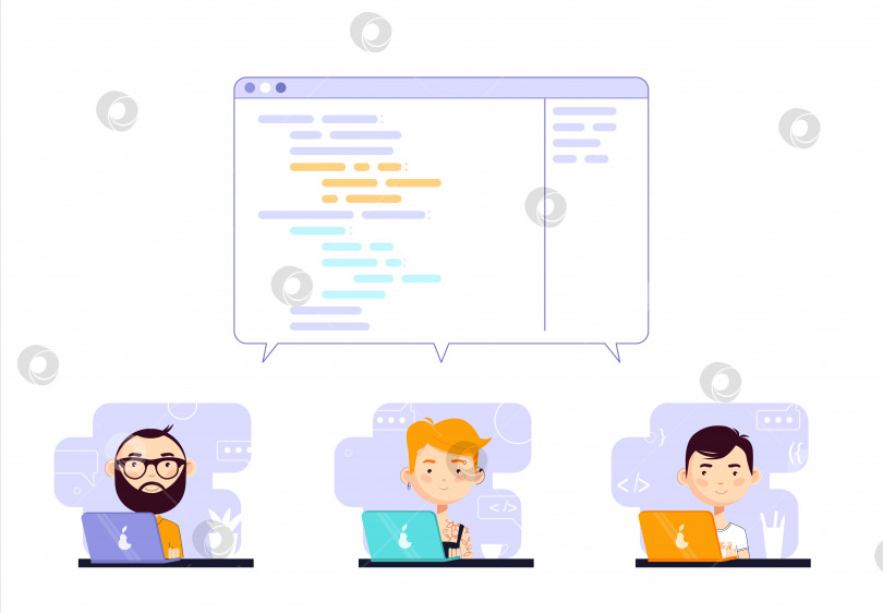 Скачать Совместная разработка. Программисты работают над кодом одной программы. Векторная иллюстрация в мультяшном плоском стиле, изолированная на белом фоне. фотосток Ozero