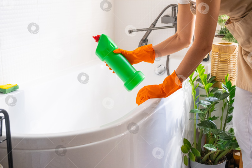 Скачать Женщина в резиновых перчатках и фартуке вручную моет ванну в ванной комнате дома губкой для мытья посуды и чистящим средством во флаконе. Наведение порядка, чистоты и гигиены в доме, услуги по уборке фотосток Ozero