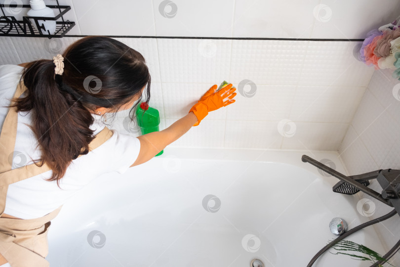 Скачать Женщина в резиновых перчатках и фартуке вручную моет ванну в ванной комнате дома с помощью губки для мытья посуды и чистящего средства в бутылочке. Наведение порядка, чистоты и гигиены в доме, услуги по уборке фотосток Ozero