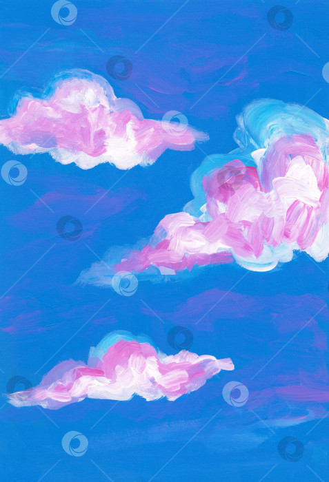 Скачать Белые и розовые облака на голубом небе. Закатное небо с облаками. Абстракция акриловой живописи. Вечерний облачный пейзаж. Абстрактный небесный пейзаж. Романтическое настроение.  Прекрасные небеса. фотосток Ozero